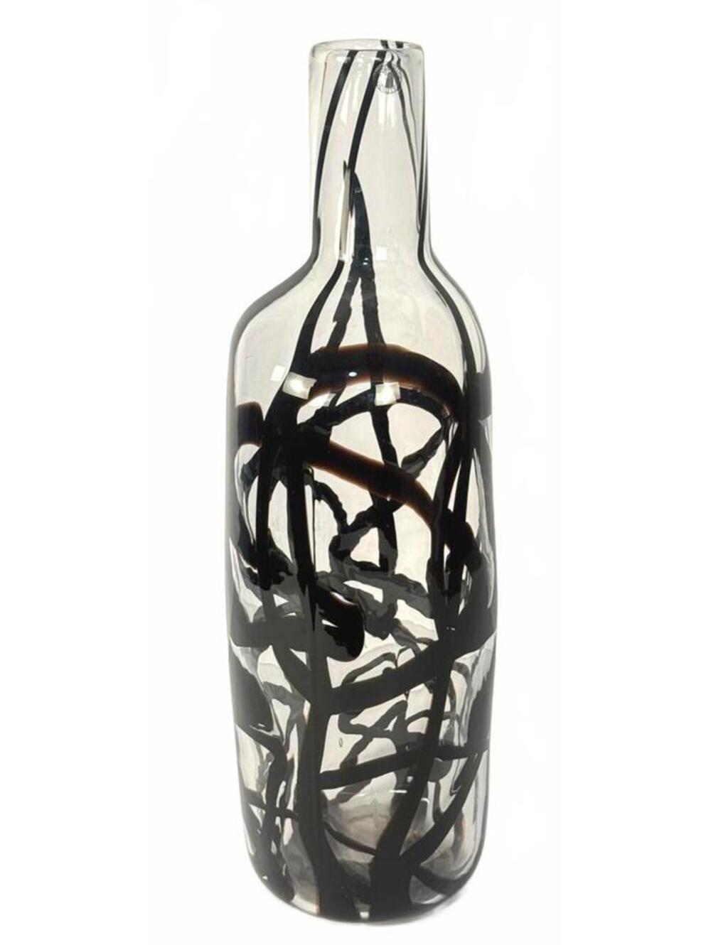 Large Hand Blown Art Glass Vase – Black Abstract Swirl, Bergström Style (16") - Picture 2 of 4